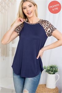 S8-14-3-PPT2159-NVBWN-1 - LEOPARD SLEEVE AND NECKBAND SOLID RIB TOP- NAVY/BROWN 0-0-2-1