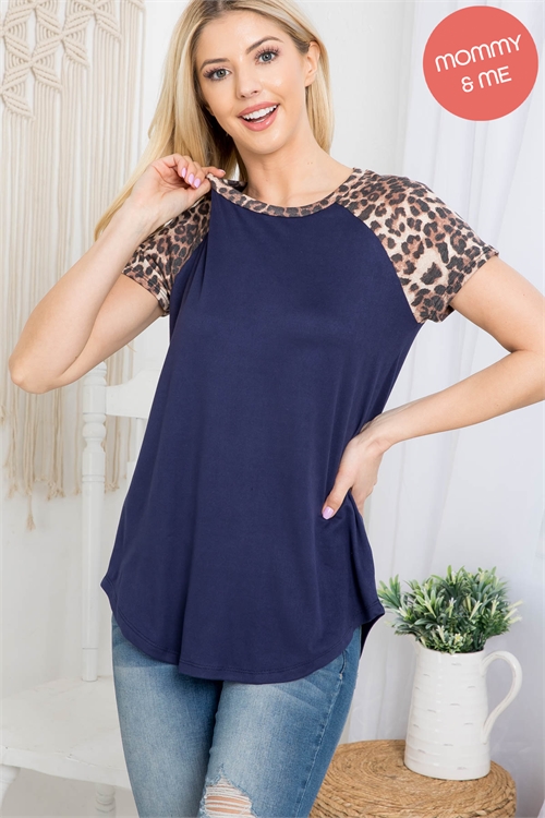 S14-6-2-PPT2159-NVBWN - LEOPARD SLEEVE AND NECKBAND SOLID RIB TOP- NAVY/BROWN 1-2-2-2