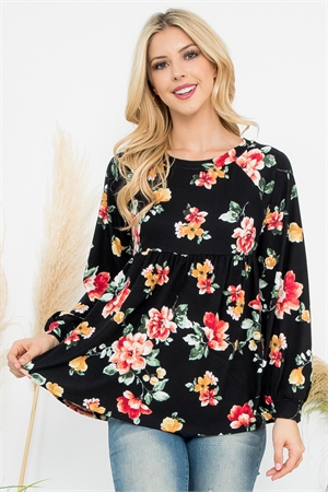 S14-6-3-PPT21595-BK - LONG PUFF SLEEVE FLORAL TOP- BLACK 1-2-2-1