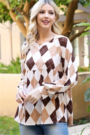 S11-1-3-PPT21596-TPBWN - LONG PUFF SLEEVE CHECKER PLAID TOP- TAUPE/BROWN 1-2-2-1