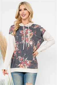 S13-7-3-PPT21598-CHLHTOTM - FLORAL PRINT HOODIE WITH DRAWSTRING- CHARCOAL-HEATHER OATMEAL 1-2-2-1