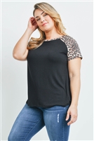 S9-2-4-PPT2159X-BKBWN - PLUS SIZE LEOPARD SLEEVE AND NECKBAND SOLID RIB TOP- BLACK/BROWN 3-2-1