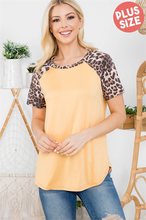 S10-19-2-PPT2159X-MRGDBWN-1 - PLUS SIZE LEOPARD SLEEVE AND NECKBAND SOLID RIB TOP- MARYGOLD/BROWN 3-2-1