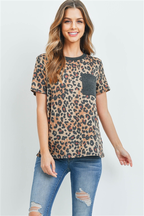 S10-14-3-PPT2161-MCTPCHL-1 -  LEOPARD RIB DETAIL POCKET TOP- MOCHA-TAUPE/CHARCOAL 1-2-2