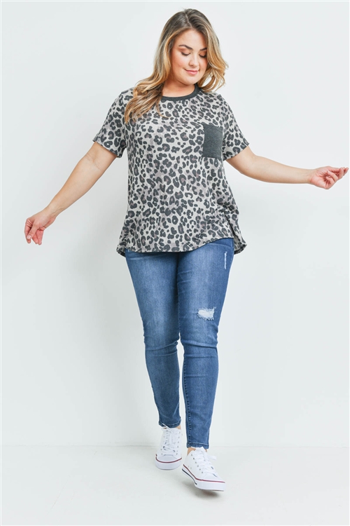 S10-18-4-PPT2161X-MCKHKCHL-1 - PLUS SIZE LEOPARD RIB DETAIL POCKET TOP- MOCHA/KHAKI/CHARCOAL 2-2-1