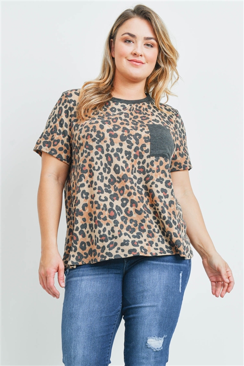 S9-4-4-PPT2161X-MCTPCHL - PLUS SIZE LEOPARD RIB DETAIL POCKET TOP- MOCHA/TAUPE/CHARCOAL 3-2-1