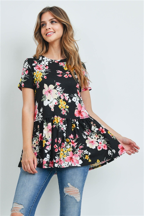 S15-11-2-PPT2162-BKCMB-1 - SHORT SLEEVES FLORAL CINCH WAIST SWING TOP- BLACK COMBO 1-1-2