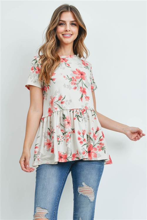 S12-1-4-PPT2162-IVCMB - SHORT SLEEVES FLORAL CINCH WAIST SWING TOP- IVORY COMBO 1-2-2-2