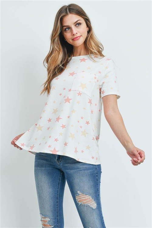 S9-3-4-PPT2163-OFWCMB - STAR PRINT SHORT SLEEVES ROUND NECK TOP- OFF-WHITE/COMBO 1-2-2-2