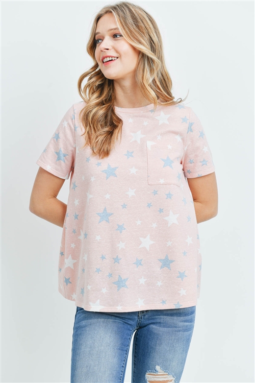 S13-8-2-PPT2163-PCHCMB - STAR PRINT SHORT SLEEVES ROUND NECK TOP- PEACH/COMBO 1-2-2-2 (NOW $2.50 ONLY!)