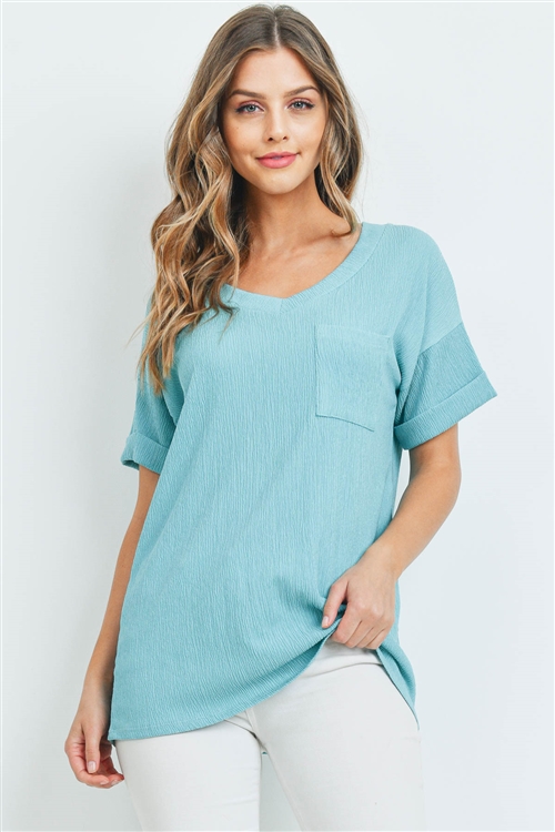 S13-1-4-PPT2166-SXSG -POLY CREPE V-NECK POCKET TOP-SEXY SAGE 1-2-2-2