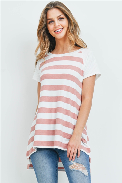 S8-13-1-PPT2167-CRLOFWTIV-1 - RIB DETAIL NECKBAND AND SLEEVES STRIPES TOP- CORAL-OFF-WHITE/IVORY 0-0-3-0