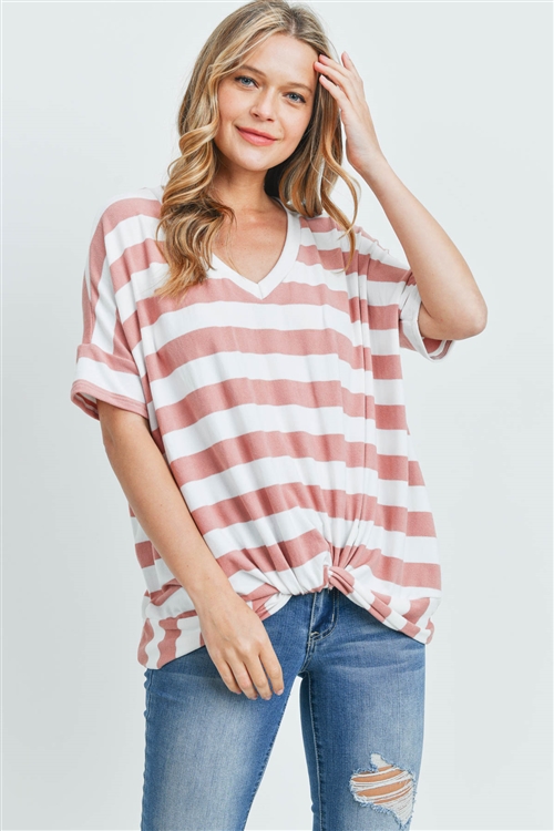 S12-1-2-PPT2168-CRLOFW - V-NECK DOLMAN SLEEVES STRIPE TWIST FRONT TOP- CORAL/OFF-WHITE 1-2-2-2