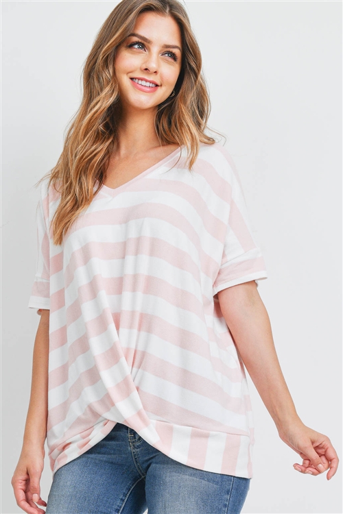 S11-19-1-PPT2168-PKOFW - V-NECK DOLMAN SLEEVES STRIPE TWIST FRONT TOP- PINK-OFF-WHITE 1-2-2-2