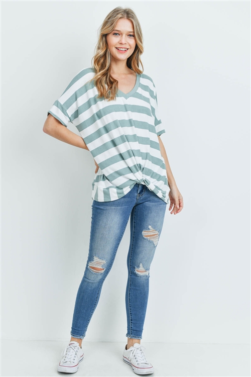 S15-11-5-PPT2168-SGOFW-1 - V-NECK DOLMAN SLEEVES STRIPE TWIST FRONT TOP- SAGE/OFF-WHITE 1-2