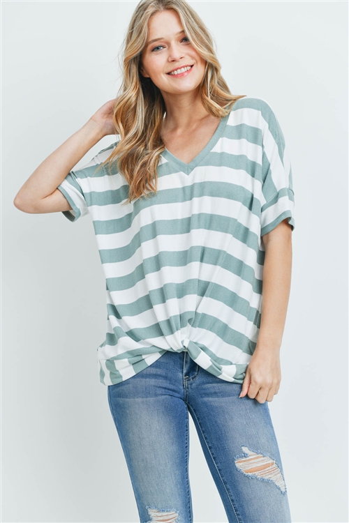 S12-1-2-PPT2168-SGOFW - V-NECK DOLMAN SLEEVES STRIPE TWIST FRONT TOP- SAGE/OFF-WHITE 1-2-2-2