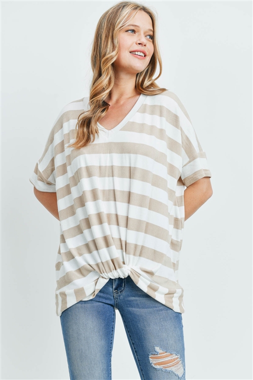 S15-11-2-PPT2168-TPOFW - V-NECK DOLMAN SLEEVES STRIPE KNOT TWIST FRONT- TAUPE/OFF-WHITE 1-2-2-2