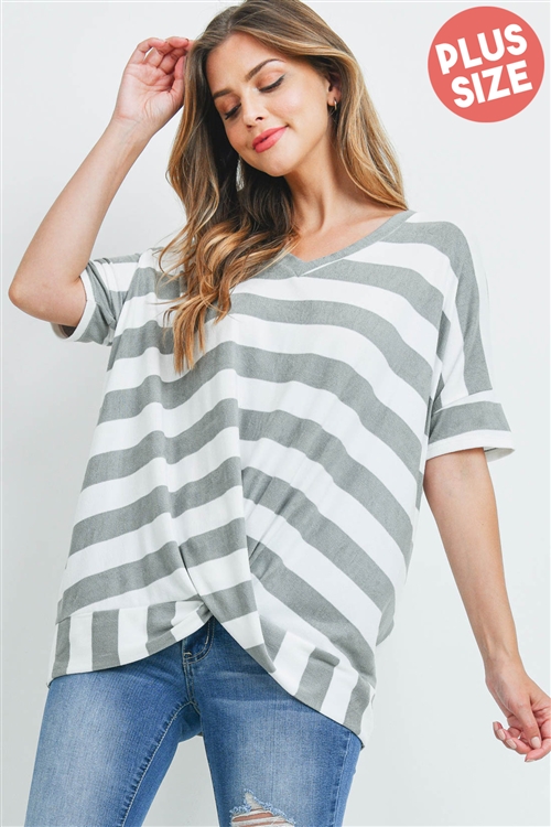 S5-10-2-PPT2168X-GYOFW - PLUS SIZE V-NECK STRIPES TWIST FRONT TOP- GREY/OFF-WHITE 3-2-1