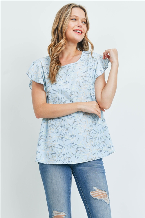 S15-8-3-PPT2169-BLMT-1 -FLUTTER SLEEVE ROUND NECK FLORAL TOP-BLUE METAL 1-2-2