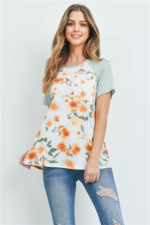 S10-16-3-PPT2171-OFWPSSG-1 - WAFFLE RAGLAN FLORAL POCKET TOP- OFFWHITE-PERSIMMON/SAGE 2-2-2