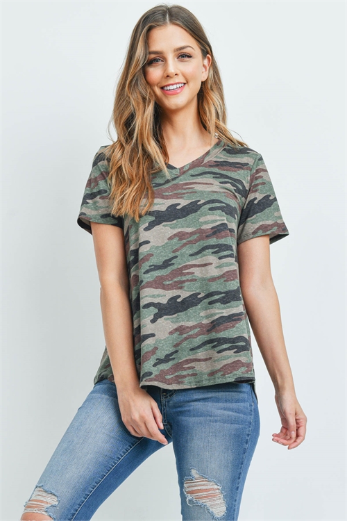 BLK12-3-PPT2172-ARGRBROWN-A - SHORT SLEEVES V-NECK CAMOUFLAGE TOP- ARMY GREEN BROWN 2-5-7-3