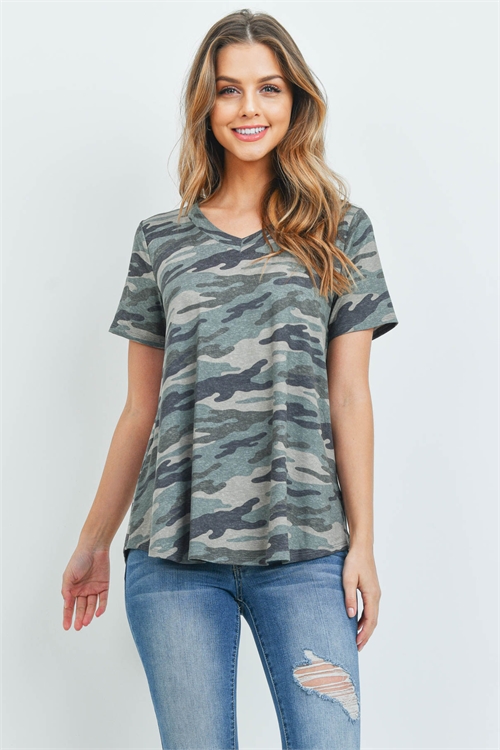 BLK12-3-PPT2172-ARGRCHAR-A - SHORT SLEEVES V-NECK CAMOUFLAGE TOP- ARMY GREEN CHARCOAL 4-7-3-0