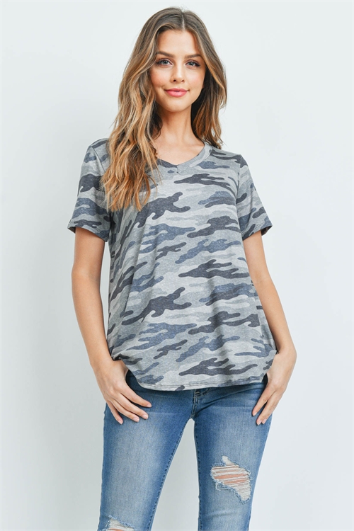 BLK12-3-PPT2172-MRLGYCHAR-A - SHORT SLEEVES V-NECK CAMOUFLAGE TOP- MINERAL GRAY CHARCOAL 0-3-1-2