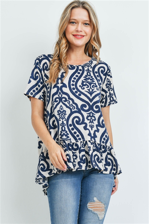 S14-10-4-PPT2173-NVBG-1 - DAMASK PRINT SHORT SLEEVES RUFFLE HEM TOP- NAVY/BEIGE 2-2-2