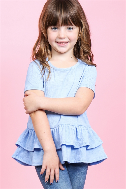 S11-15-3-PPT2175T-BBYBL - KIDS GIRLS SHORT SLEEVES LAYERED RUFFLE HEM TOP- BABY BLUE 2-2-2-2