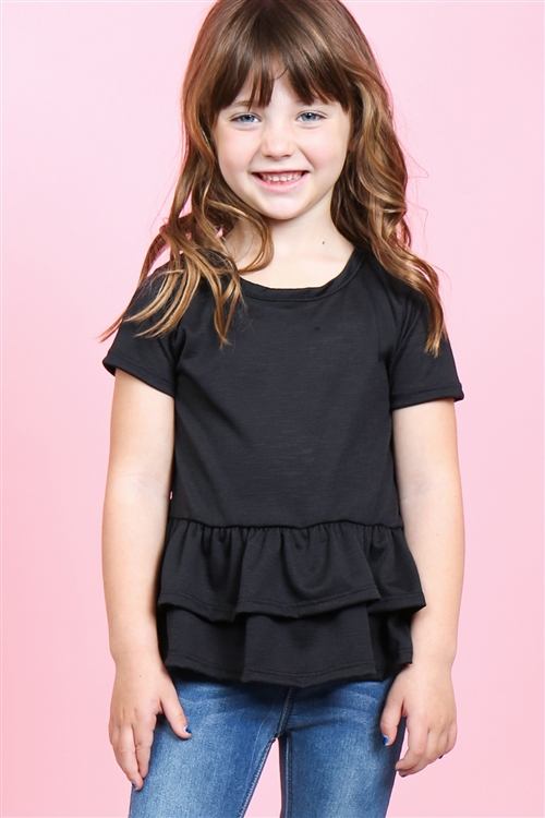 S10-16-1-PPT2175T-BK-1 - KIDS GIRLS SHORT SLEEVES LAYERED RUFFLE HEM TOP- BLACK 3-1-2