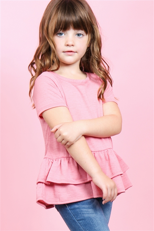 S10-16-1-PPT2175T-RS-1 - KIDS GIRLS SHORT SLEEVES LAYERED RUFFLE HEM TOP- ROSE 2-2-1-2