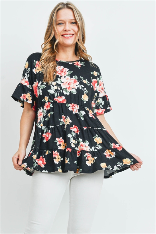 S10-11-4-PPT2177-BK - FLORAL RUFFLE SLEEVES AND HEM TOP- BLACK 1-2-2-2