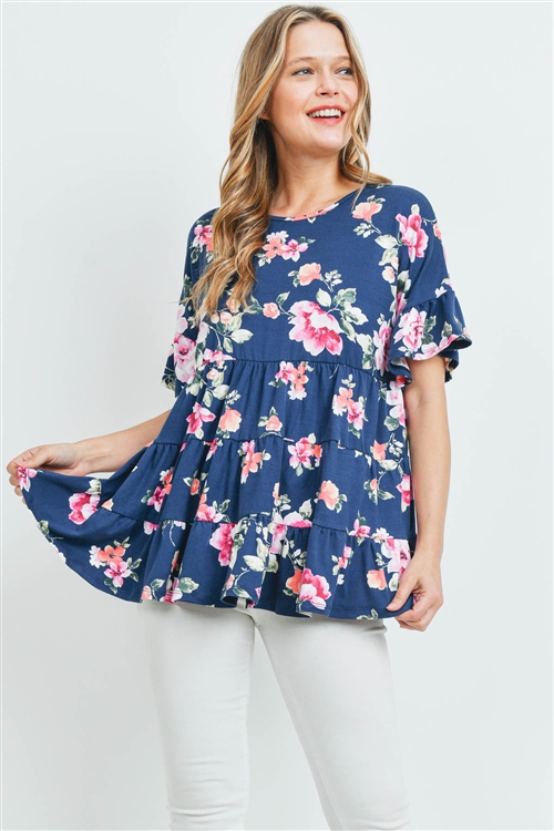 S10-8-2-PPT2177-NV-1 - FLORAL RUFFLE SLEEVES AND HEM TOP- NAVY 1-2-1