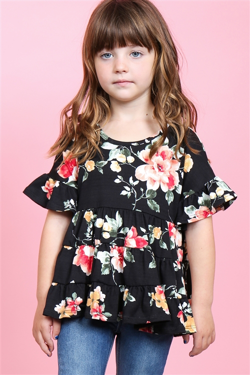 S15-8-2-PPT2177T-BK-1 - KIDS GIRLS FLORAL RUFFLE SLEEVES AND HEM TOP- BLACK 1-2-2-1