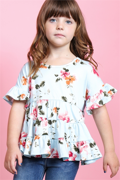 OS-PPT2177T-BL - KIDS GIRLS FLORAL RUFFLE SLEEVES AND HEM TOP- BLUE (Out of Stock; No More Incoming)