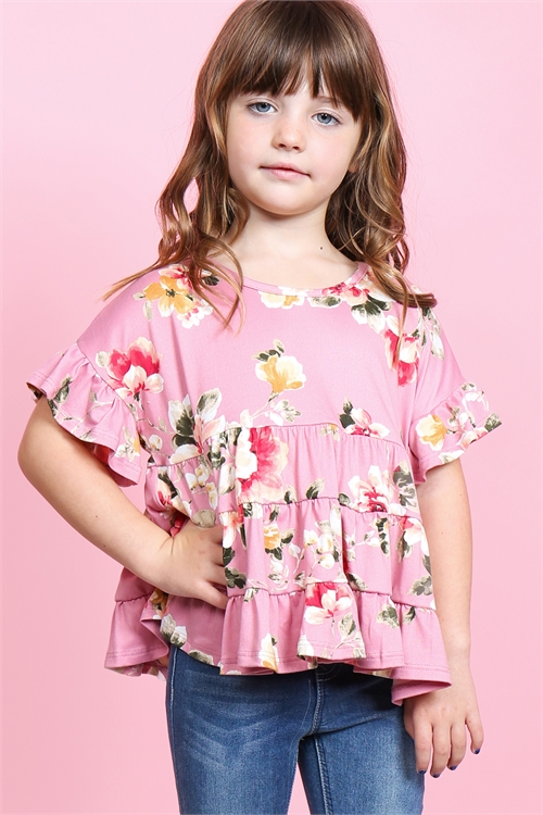 OS-PPT2177T-MV - KIDS GIRLS FLORAL RUFFLE SLEEVES AND HEM TOP- MAUVE (Out of Stock; No More Incoming)