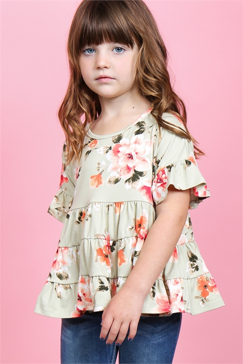 S9-11-4-PPT2177T-SG - KIDS GIRLS FLORAL RUFFLE SLEEVES AND HEM TOP- SAGE 2-2-2-2