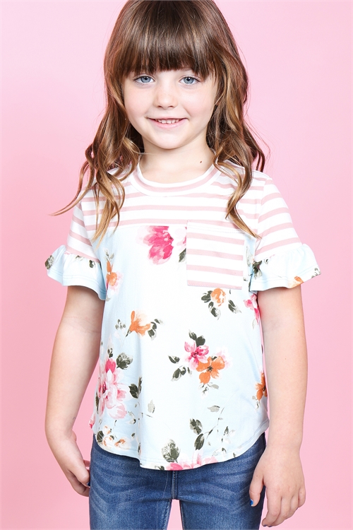 OS-PPT2179T-OFWTPKBL -KIDS GIRLS FLORAL PRINT STRIPES CONTRAST POCKET TOP-OFF WHITE/NEW PINK/BLUE  (Out of Stock; No More Incoming)