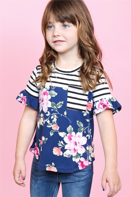 S9-10-1-PPT2179T-OFWTBKNV -KIDS GIRLS FLORAL PRINT STRIPES CONTRAST POCKET TOP-OFF-WHITE/BLACK/NAVY 2-2-2-2