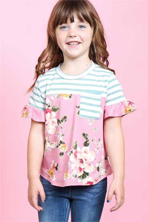 S9-9-4-PPT2179T-OFWTMNMV -KIDS GIRLS FLORAL PRINT STRIPES CONTRAST POCKET TOP-OFF-WHITE/NEW MINT/MAUVE 2-2-2-2