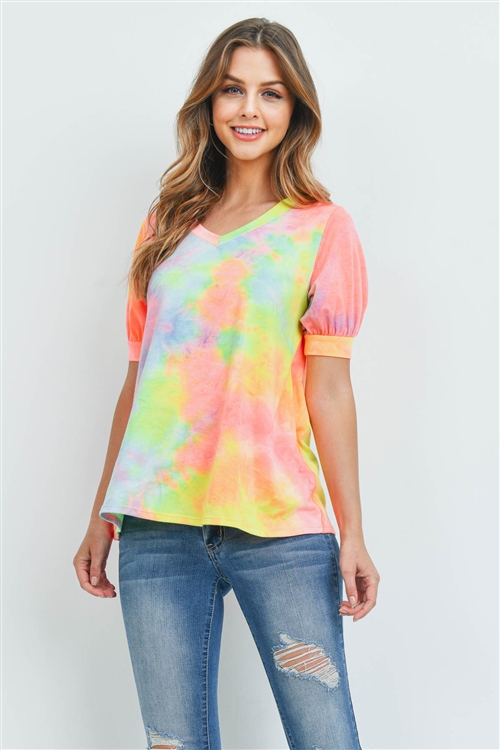 S13-2-3-PPT2182-BLYWPK - PUFF SLEEVES V-NECK TIE DYE TOP- BLUE/YELLOW/PINK 1-2-2-2