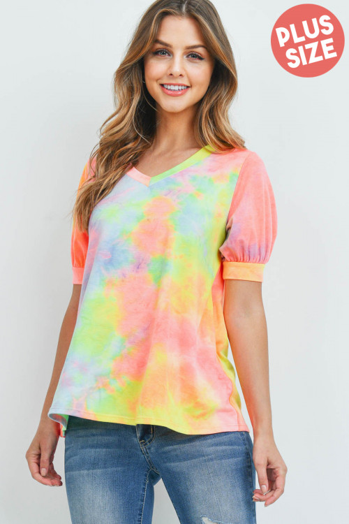 S12-12-3-PPT2182X-BLYWPK - PUFF SLEEVES V-NECK TIE DYE PLUS SIZE TOP- BLUE YELLOW PINK 3-2-1