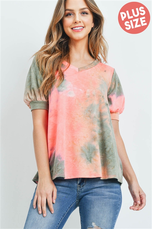 S10-15-1-PPT2182X-OVCRL-1 - PUFF SLEEVES V-NECK TIE DYE PLUS SIZE TOP- OLIVE/CORAL 3-0-0