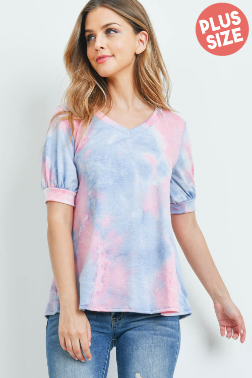 S12-12-3-PPT2182X-PKDNM - PUFF SLEEVES V-NECK TIE DYE PLUS SIZE TOP- PINK/DENIM 3-2-1