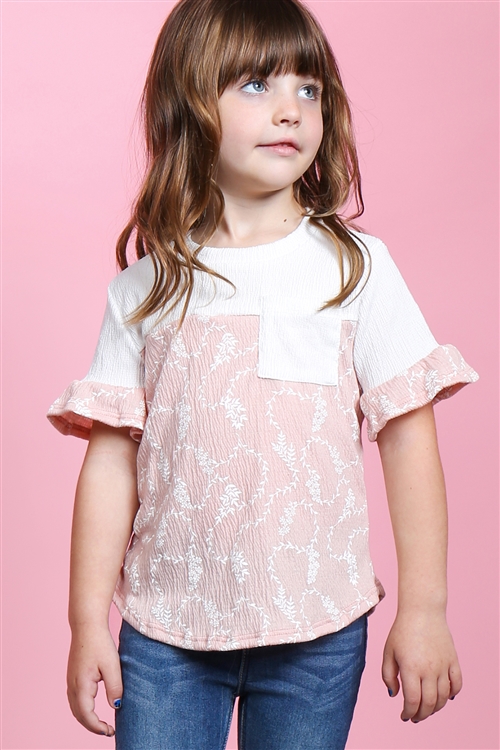 S17-12-3-PPT2183T-IVCRL-1 - KIDS GIRLS RUFFLE SLEEVES ROUND NECK CREPE POCKET TOP- IVORY/CORAL 3-2-1-2