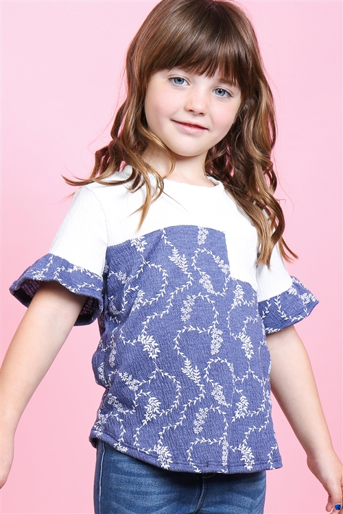 S17-12-3-PPT2183T-IVNV-1 - KIDS GIRLS RUFFLE SLEEVES ROUND NECK CREPE POCKET TOP- IVORY/NAVY 3-2-1-2