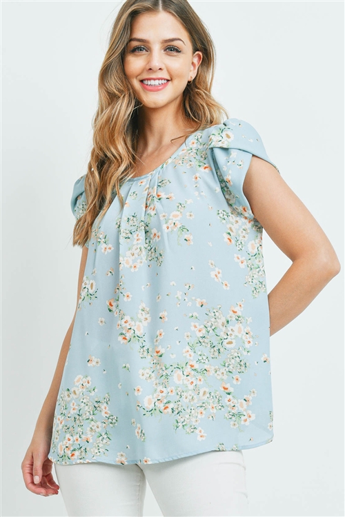 S15-11-2-PPT2184-BL-1 - PUFF SLEEVES FLORAL PLEATED TOP- BLUE 0-2-2-2