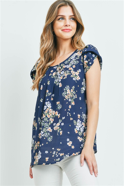 S15-11-2-PPT2184-NV-1 - PUFF SLEEVES FLORAL PLEATED TOP- NAVY 0-2-2-1