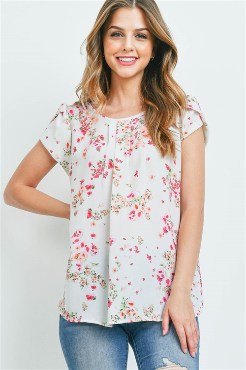 S15-11-2-PPT2184-OFWPK-1 - PUFF SLEEVES FLORAL PLEATED TOP- OFF-WHITE PINK 0-2-2-2