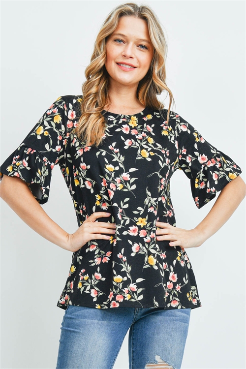 S13-10-1-PPT2189-BKCB - BELL SLEEVES ROUND NECK FLORAL TOP- BLACK COMBO 1-2-2-2